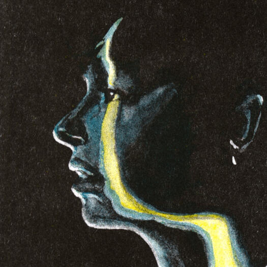 Risograph print of a person in profile in a dark room. There's a strip of yellow light on their face.