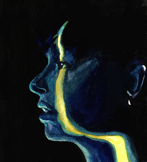 Painting of a person in profile in the dark. There's a single strip of light across their face.