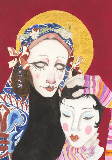 Painting of a woman in a paisley headscarf and a flower crown. She has no pupils and heavy makeup. She's holding a mannequin head with painted on makeup.