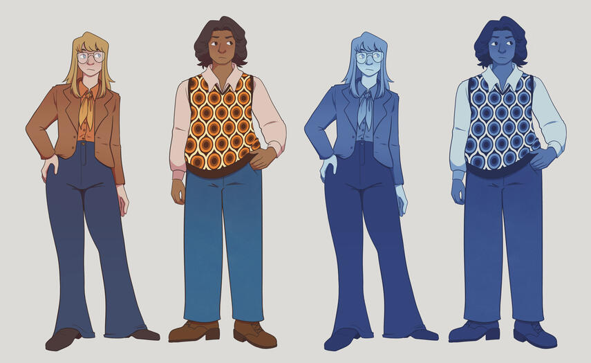 Character lineup of 2 guys dressed in 70's clothing. There's a second set of the same 2 drawings in monochrome blue.