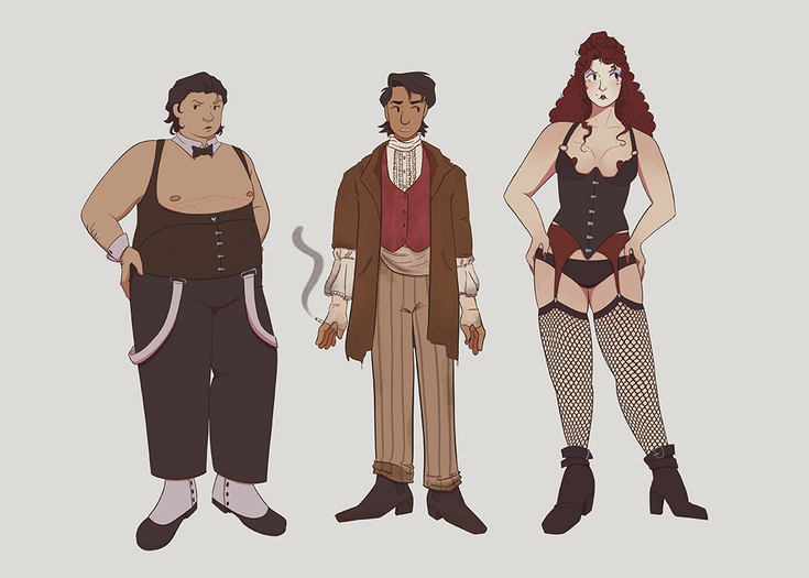Character lineup of three characters. A fat man in a corset, slacks, and spats. A skinnier man in a red vest, brown overcoat, and striped pants. A tall woman with curly red hear in a corset, pasties, and fishnets.