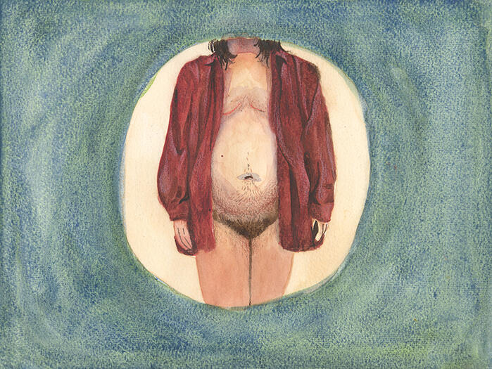 Watercolor painting of a small cricle within a blue-green background. Within the small circle is someone standing with their shirt open and no pants. Their crotch is visible as well as their top surgery scars.