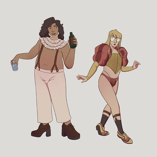 Character lineup of two people. A chubby shirtless man with a ruffled collar and white slacks. A shorter man with poofy sleeves, briefs, and a codpiece.