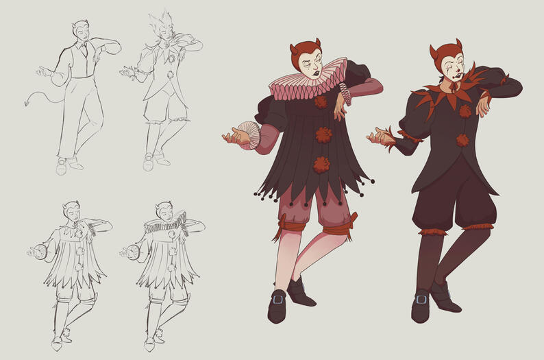 4 clean sketches next to 2 finished character designs of a very human-looking devil.