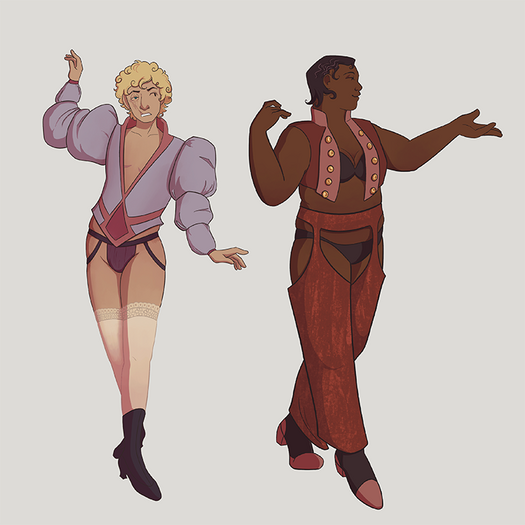 Character lineup of two people. A blond man with heavy facial scarring, a purple shirt with poofy sleeves, and a jockstrap. A chubbier dark skinned person with an open vest and chap-cut pants