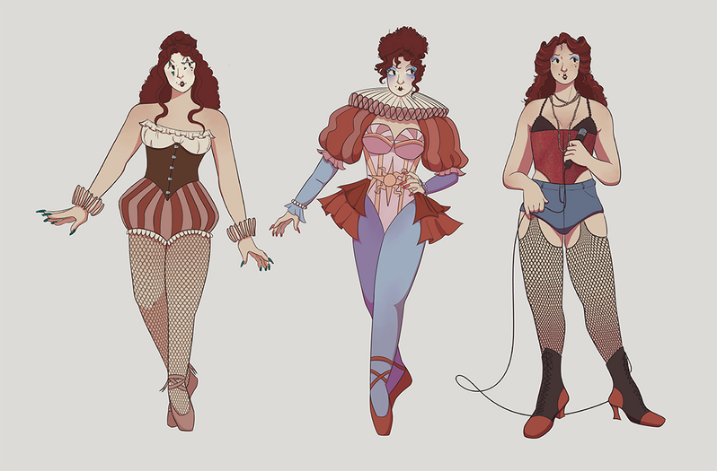 Character lineup of the same character in different outfits. A strapless top, corset, and puffy shorts. A ruff collar and a leotard with puffy sleeves. A bra, corset, and denim cut offs.
