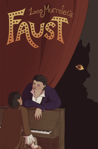 Two young men at a piano. The curtain behind them is pulled back to reveal a horned silhouette with a large, glowing eye trained on them.