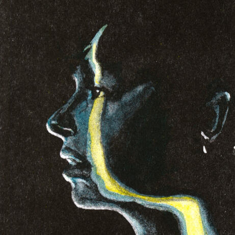 Risograph print of a person in profile in a dark room. There's a strip of yellow light on their face.