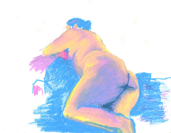 Pastel drawing of a woman laying on her stomach from behind.